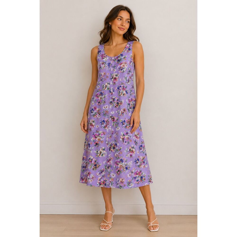 Koret Floral Midi Dress Purple Rayon Sleeveless Button Front Smocked Back Medium - Picture 1 of 13